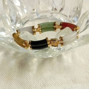 Exquisite 14k Gold And Authentic Jade Double Bar Bracelet, Like New